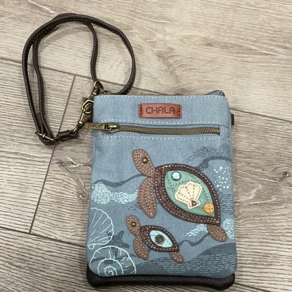 Chala Blue/Brown Canvas/Vegan Leather Sea Turtles Convertible Crossbody Bag